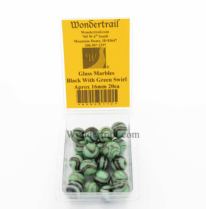 WONGM112 Black with Green Swirl 16mm Glass Marbles Pack of 20 (ONLINE ORDER ONLY)