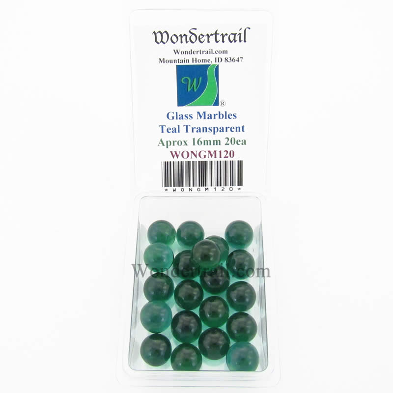 WONGM120 Teal Transparent 16mm Glass Marbles Pack of 20 (ONLINE ORDER ONLY)