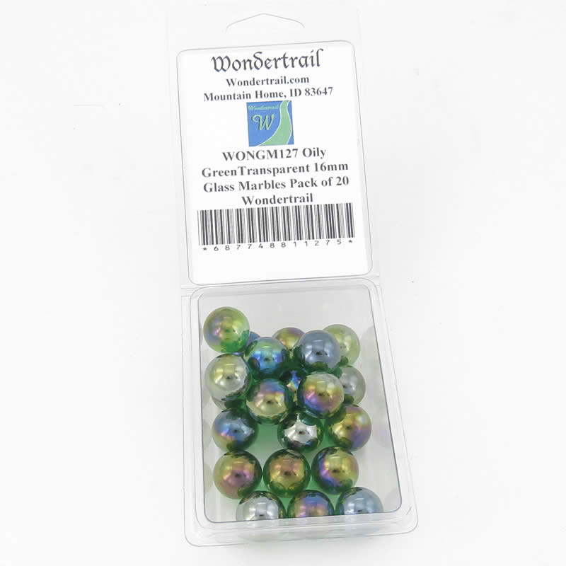 WONGM127 Oily GreenTransparent 16mm Glass Marbles Pack of 20 (ONLINE ORDER ONLY)