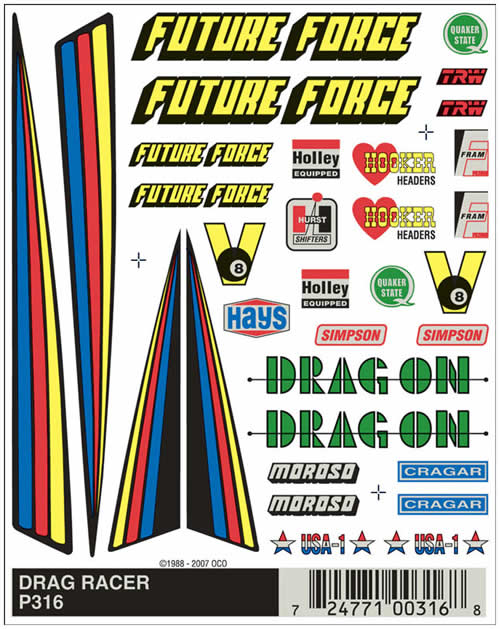 WOOP316 Drag Racer (4in x 5in) PineCar Decals (ONLINE ORDER ONLY)