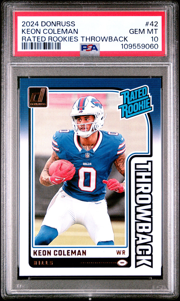 Graded 2024 Panini Donruss Keon Coleman #42 Rated Rookies Throwback Rookie RC Football Card PSA 10 Gem Mint (ONLINE ORDER ONLY)