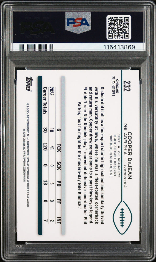 Graded 2024 Topps Chrome Cooper DeJean #232 Rookie RC Football Card PSA 9 Mint (ONLINE ORDER ONLY)