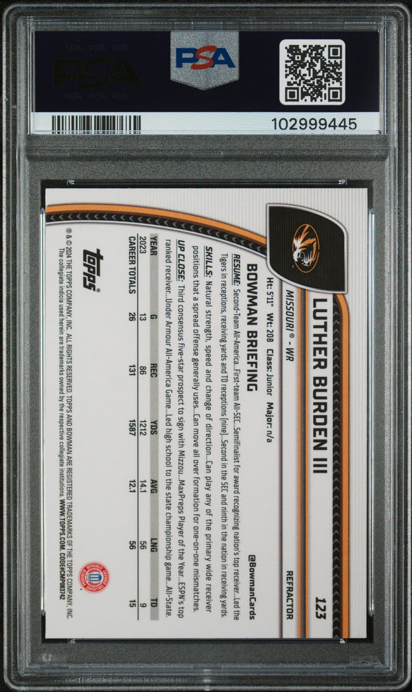 Graded 2024 Topps Bowman U Chrome Luther Burden III #123 Refractor Rookie RC Football Card PSA 10 Gem Mint (ONLINE ORDER ONLY)
