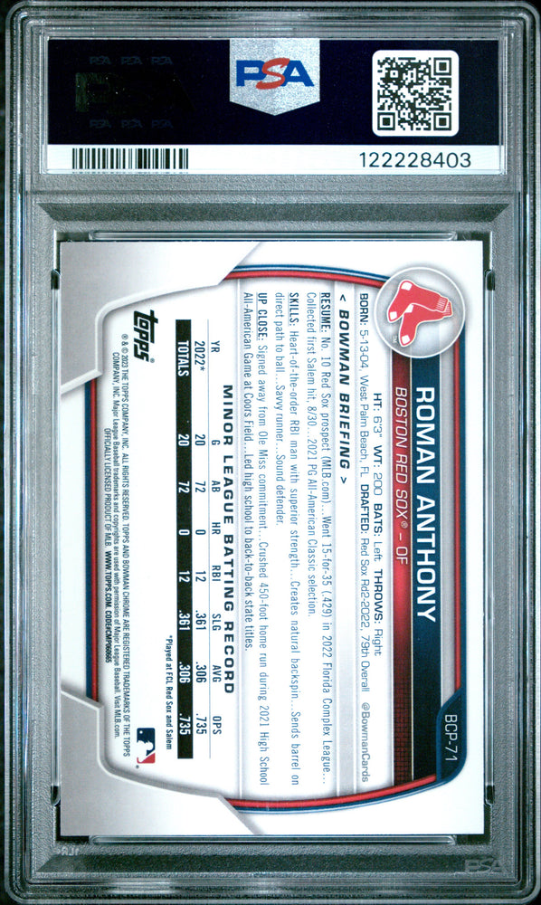 Graded 2023 Topps Bowman Roman Anthony #BCP71 Chrome Prospects Rookie RC Baseball Card PSA 9 Mint (ONLINE ORDER ONLY)