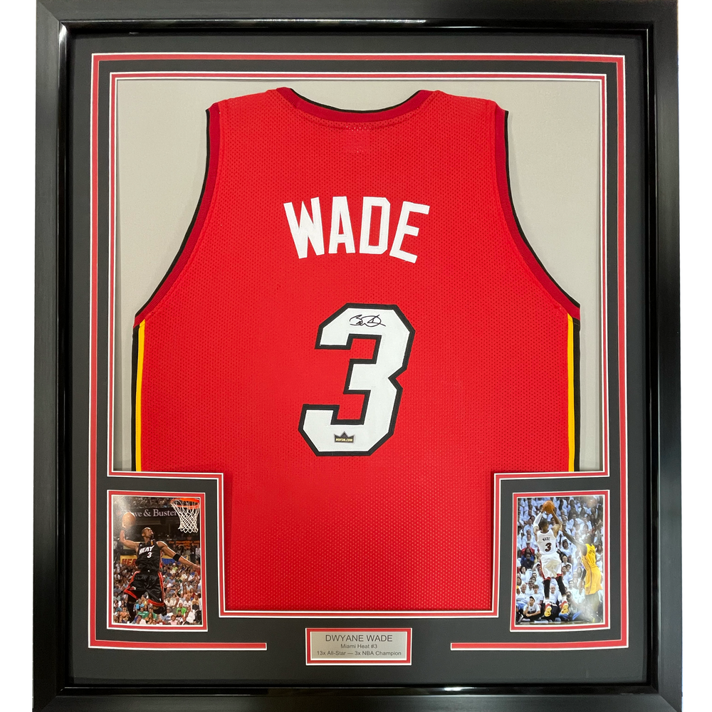 Framed Facsimile Autographed Dwyane Wade 35x39 Miami Red Reprint Laser Auto Basketball Jersey (ONLINE ORDER ONLY)