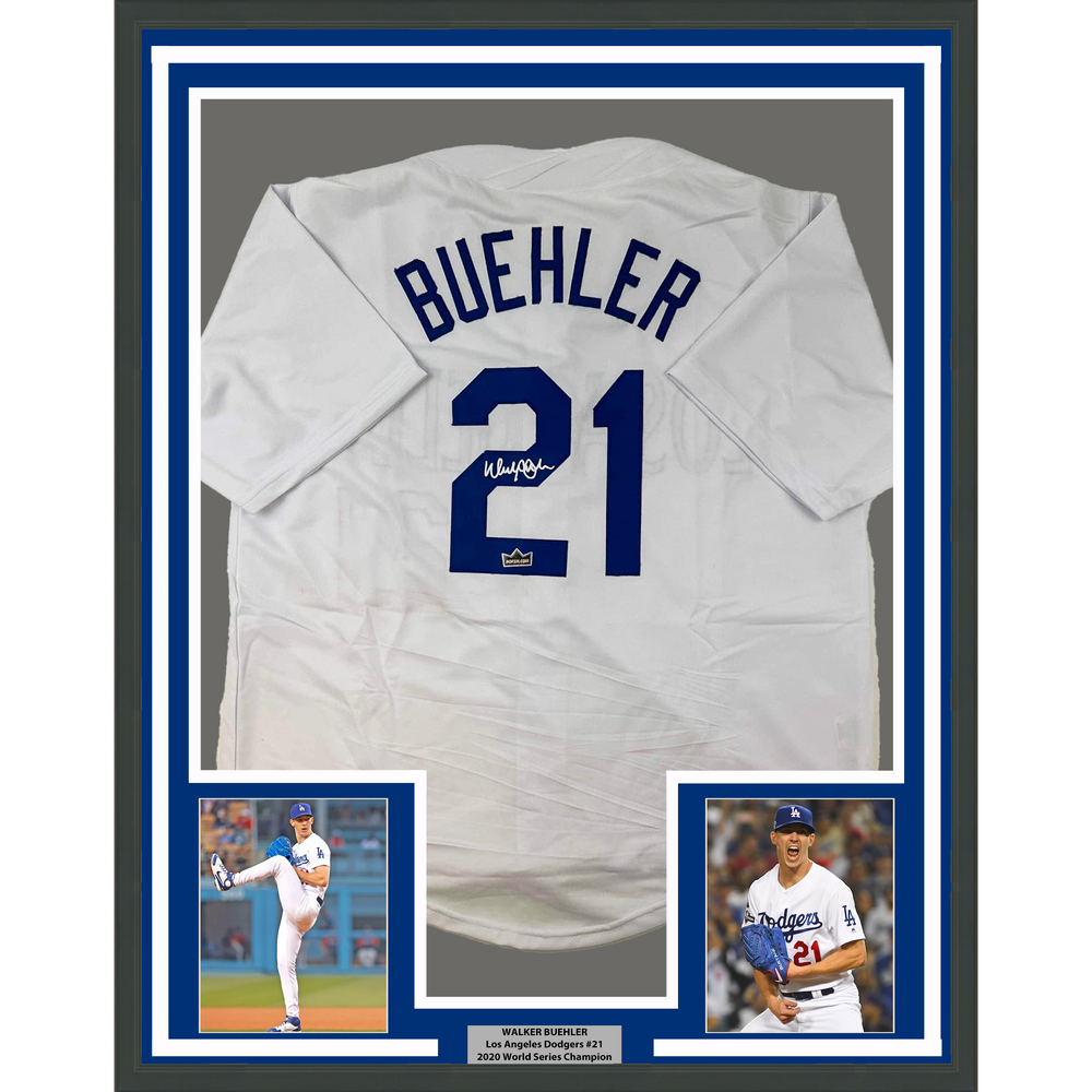 Framed Facsimile Autographed Walker Buehler 35x39 Los Angeles LA White Reprint Laser Auto Baseball Jersey (ONLINE ORDER ONLY)
