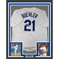 Framed Facsimile Autographed Walker Buehler 35x39 Los Angeles LA White Reprint Laser Auto Baseball Jersey (ONLINE ORDER ONLY)