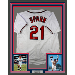 Framed Facsimile Autographed Warren Spahn 35x39 Atlanta White Reprint Laser Auto Baseball Jersey (ONLINE ORDER ONLY)