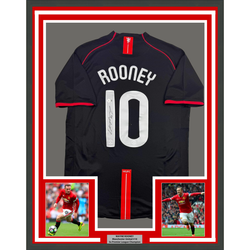 Framed Autographed/Signed Wayne Rooney 35x39 Manchester United Black 2008 Champions League Final Soccer Jersey Beckett BAS COA