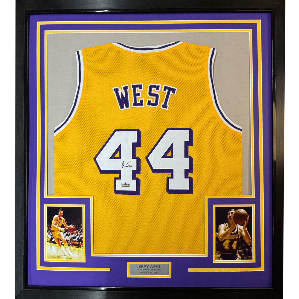 Framed Facsimile Autographed Jerry West 35x39 Los Angeles LA Yellow Reprint Laser Auto Basketball Jersey (ONLINE ORDER ONLY)