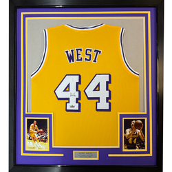 Framed Facsimile Autographed Jerry West 35x39 Los Angeles LA Yellow Reprint Laser Auto Basketball Jersey (ONLINE ORDER ONLY)