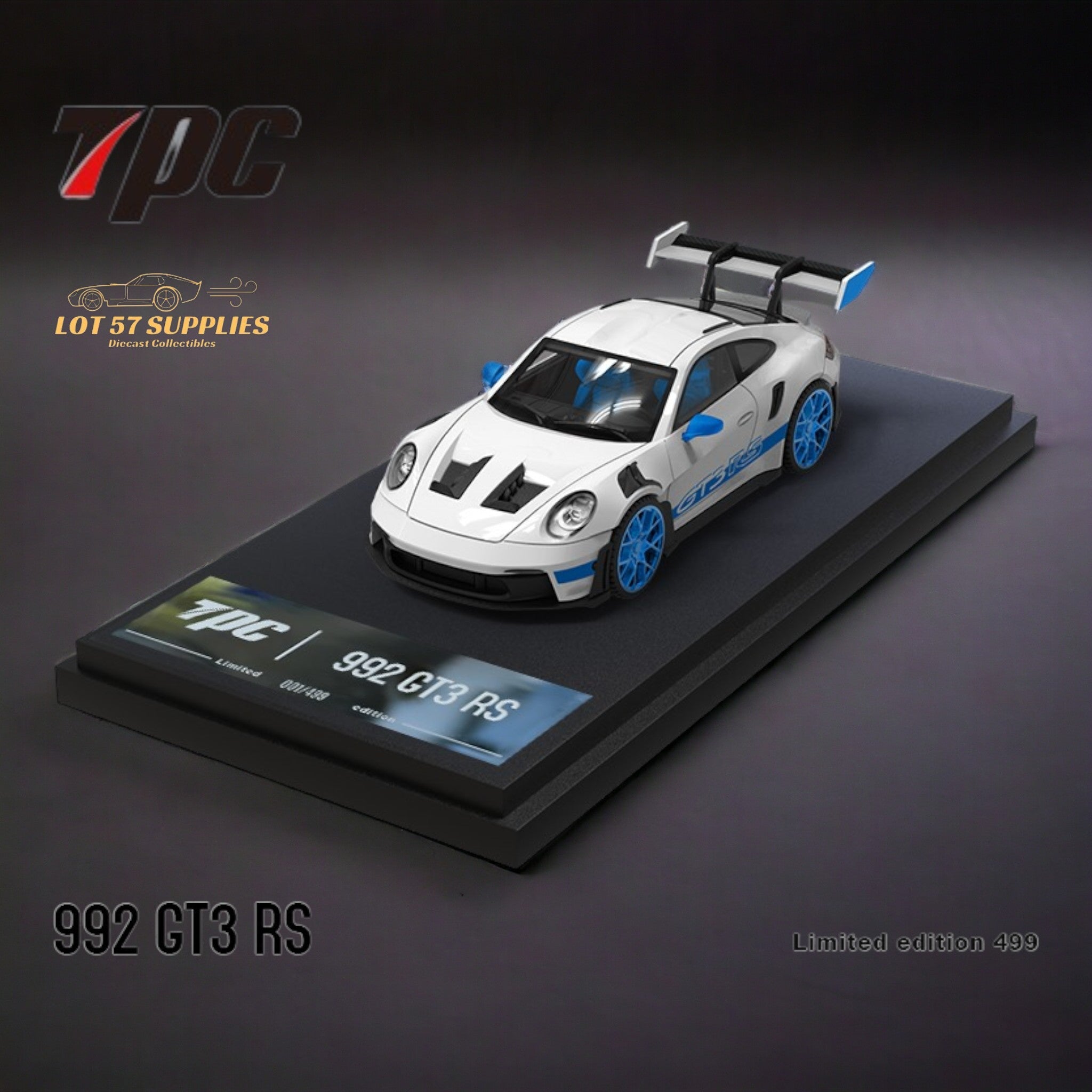 TPC Porsche 911 992 GT3 RS White With Blue Wheels Ordinary Version 1:64 (ONLINE ORDER ONLY)