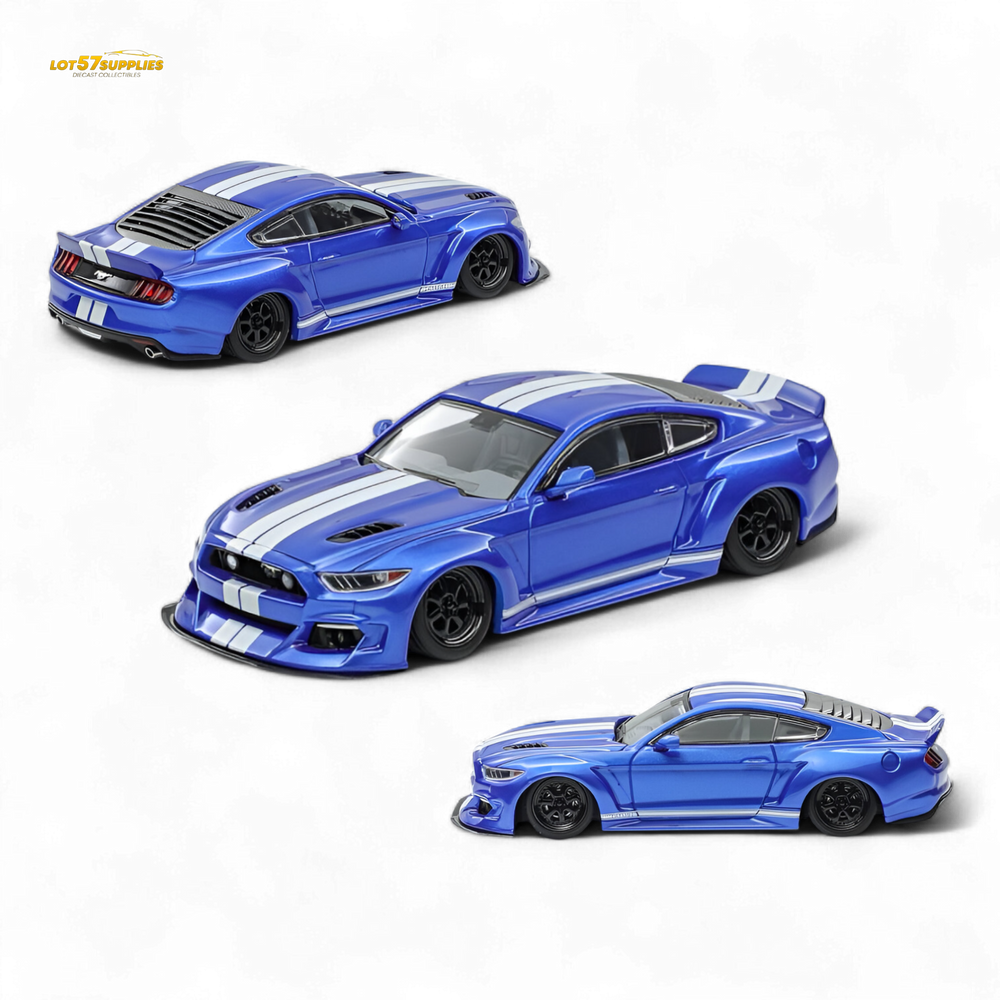 (Pre-Order) Liberty 64 Mustang Lowered Widebody Kit - Metallic Blue + White Stripes 1:64 (ONLINE ORDER ONLY)