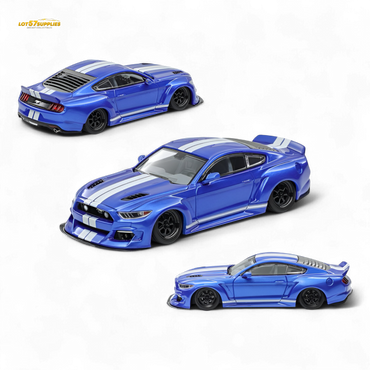 (Pre-Order) Liberty 64 Mustang Lowered Widebody Kit - Metallic Blue + White Stripes 1:64 (ONLINE ORDER ONLY)