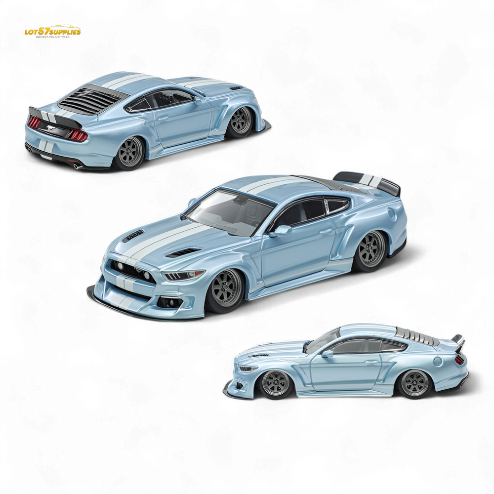(Pre-Order) Liberty 64 Mustang Lowered Widebody Kit - Ice Blue + White Stripes 1:64 (ONLINE ORDER ONLY)
