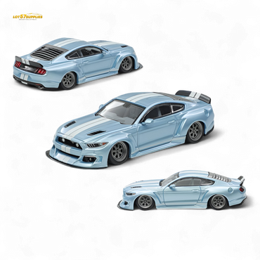 (Pre-Order) Liberty 64 Mustang Lowered Widebody Kit - Ice Blue + White Stripes 1:64 (ONLINE ORDER ONLY)