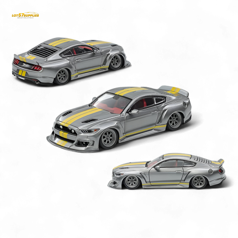 (Pre-Order) Liberty 64 Mustang Lowered Widebody Kit - Metallic Silver + Yellow Stripes 1:64 (ONLINE ORDER ONLY)