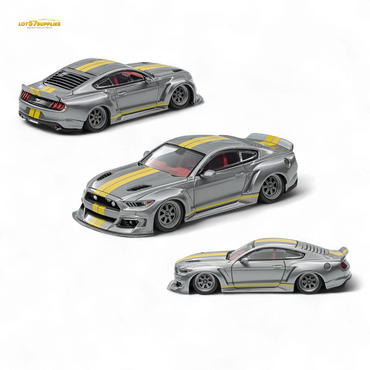 (Pre-Order) Liberty 64 Mustang Lowered Widebody Kit - Metallic Silver + Yellow Stripes 1:64 (ONLINE ORDER ONLY)