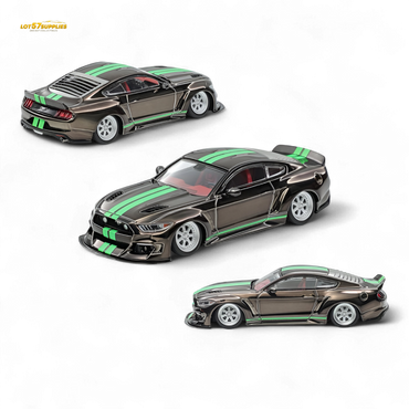 (Pre-Order) Liberty 64 Mustang Lowered Widebody Kit - Chrome Gun Grey + Fluorescent Green Stripes 1:64 (ONLINE ORDER ONLY)