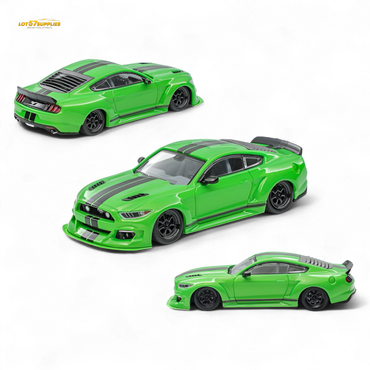 (Pre-Order) Liberty 64 Mustang Lowered Widebody Kit - Fluorescent Metallic Green + Black Stripes 1:64 (ONLINE ORDER ONLY)