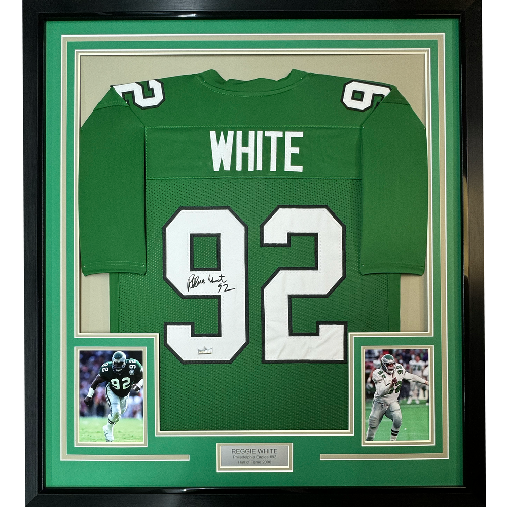 Framed Facsimile Autographed Reggie White 35x39 Philadelphia Kelly Green Reprint Laser Auto Football Jersey (ONLINE ORDER ONLY)