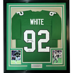 Framed Facsimile Autographed Reggie White 35x39 Philadelphia Kelly Green Reprint Laser Auto Football Jersey (ONLINE ORDER ONLY)