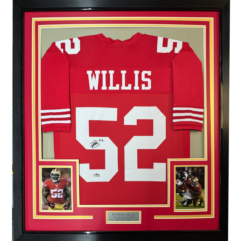 Framed Facsimile Autographed Patrick Willis 35x39 San Francisco Red Reprint Laser Auto Football Jersey (ONLINE ORDER ONLY)