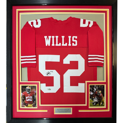 Framed Facsimile Autographed Patrick Willis 35x39 San Francisco Red Reprint Laser Auto Football Jersey (ONLINE ORDER ONLY)