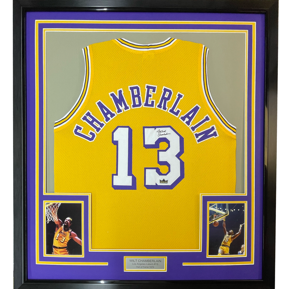 Framed Facsimile Autographed Wilt Chamberlain 35x39 Los Angeles LA Yellow Reprint Laser Auto Basketball Jersey (ONLINE ORDER ONLY)