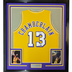 Framed Facsimile Autographed Wilt Chamberlain 35x39 Los Angeles LA Yellow Reprint Laser Auto Basketball Jersey (ONLINE ORDER ONLY)