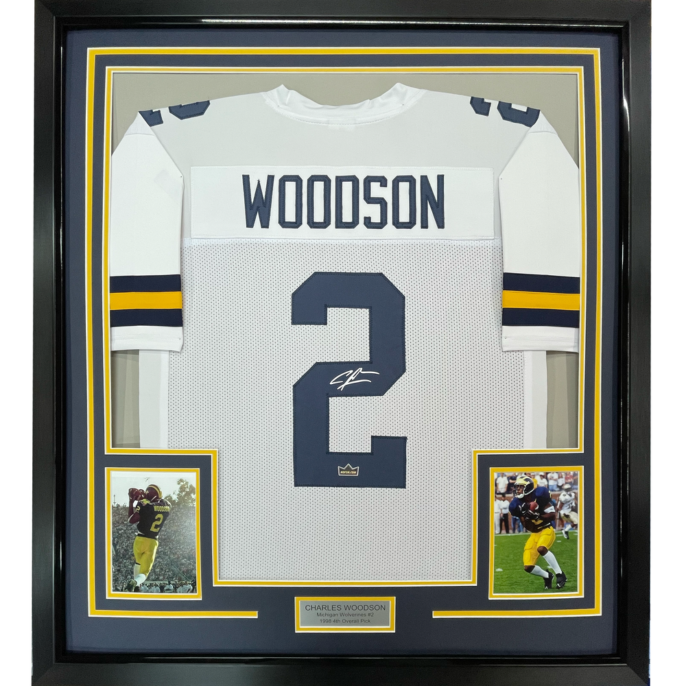 Framed Facsimile Autographed Charles Woodson 35x39 Michigan White Reprint Laser Auto College Football Jersey Size Men's XL (ONLINE ORDER ONLY)