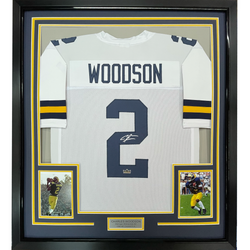 Framed Facsimile Autographed Charles Woodson 35x39 Michigan White Reprint Laser Auto College Football Jersey Size Men's XL (ONLINE ORDER ONLY)