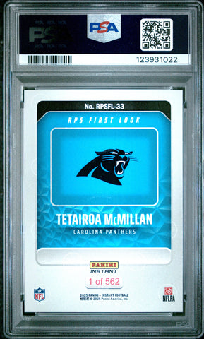 Graded 2025 Panini Instant Tetairoa McMillan #RPSFL33 RPS First Look Rookie RC Football Card PSA 10 Gem Mint (ONLINE ORDER ONLY)