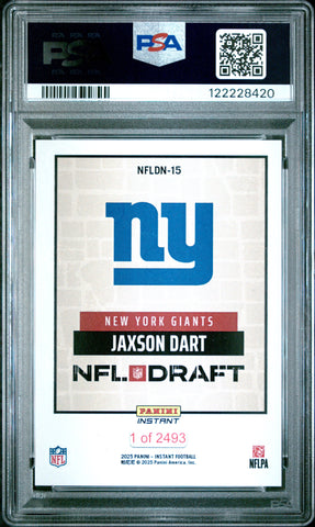 Graded 2025 Panini Instant Jaxson Dart #NFLDN15 NFL Draft Night Rookie RC Football Card PSA 10 Gem Mint (ONLINE ORDER ONLY)