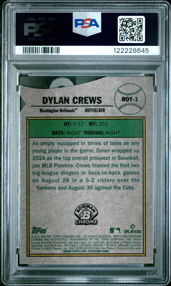 Graded 2025 Topps Bowman Dylan Crews #ROY1 Rookie of the Year Favorite Rookie RC Baseball Card PSA 9 Mint (ONLINE ORDER ONLY)
