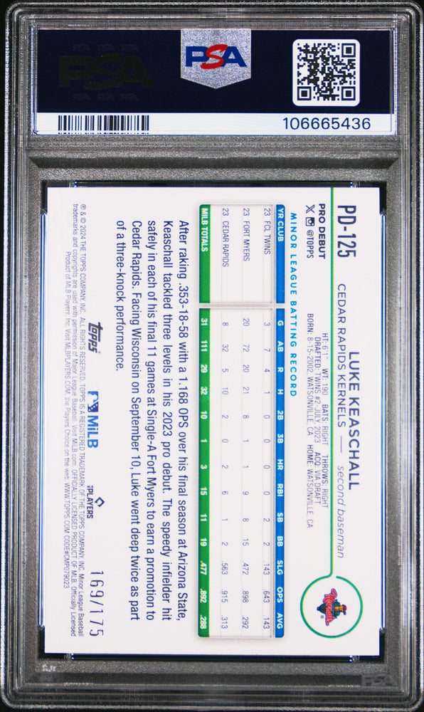 Graded 2024 Topps Pro Debut Luke Keaschall #PD125 Sparkle Foil /175 Rookie RC Baseball Card PSA 10 Gem Mint (ONLINE ORDER ONLY)