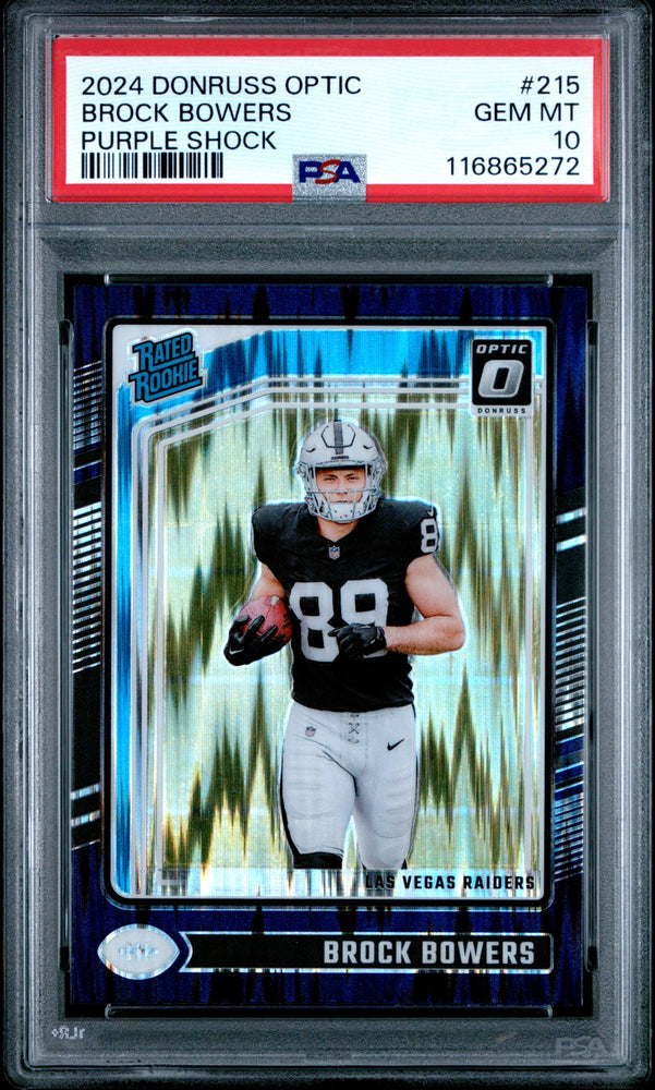 Graded 2024 Panini Donruss Optic Brock Bowers #215 Purple Shock Rookie RC Football Card PSA 10 Gem Mint (ONLINE ORDER ONLY)