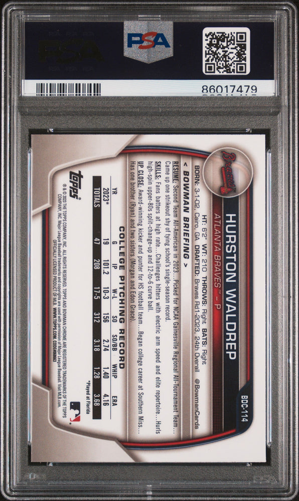 Graded 2023 Topps Bowman Draft Hurston Waldrep #BDC114 Chrome Purple /250 Rookie RC Baseball Card PSA 10 Gem Mint (ONLINE ORDER ONLY)