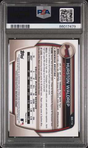 Graded 2023 Topps Bowman Draft Hurston Waldrep #BDC114 Chrome Purple /250 Rookie RC Baseball Card PSA 10 Gem Mint (ONLINE ORDER ONLY)