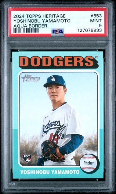 Graded 2024 Topps Heritage Yoshinobu Yamamoto #553 Aqua Border Rookie RC Baseball Card PSA 9 Mint (ONLINE ORDER ONLY)