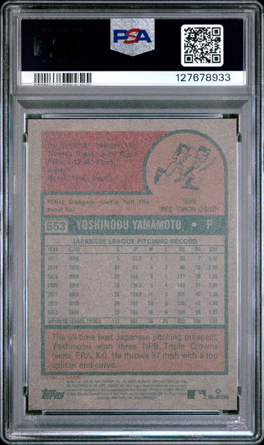Graded 2024 Topps Heritage Yoshinobu Yamamoto #553 Aqua Border Rookie RC Baseball Card PSA 9 Mint (ONLINE ORDER ONLY)