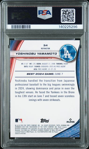 Graded 2024 Topps Bowmans Best Yoshinobu Yamamoto #34 Refractor Rookie RC Baseball Card PSA 10 Gem Mint