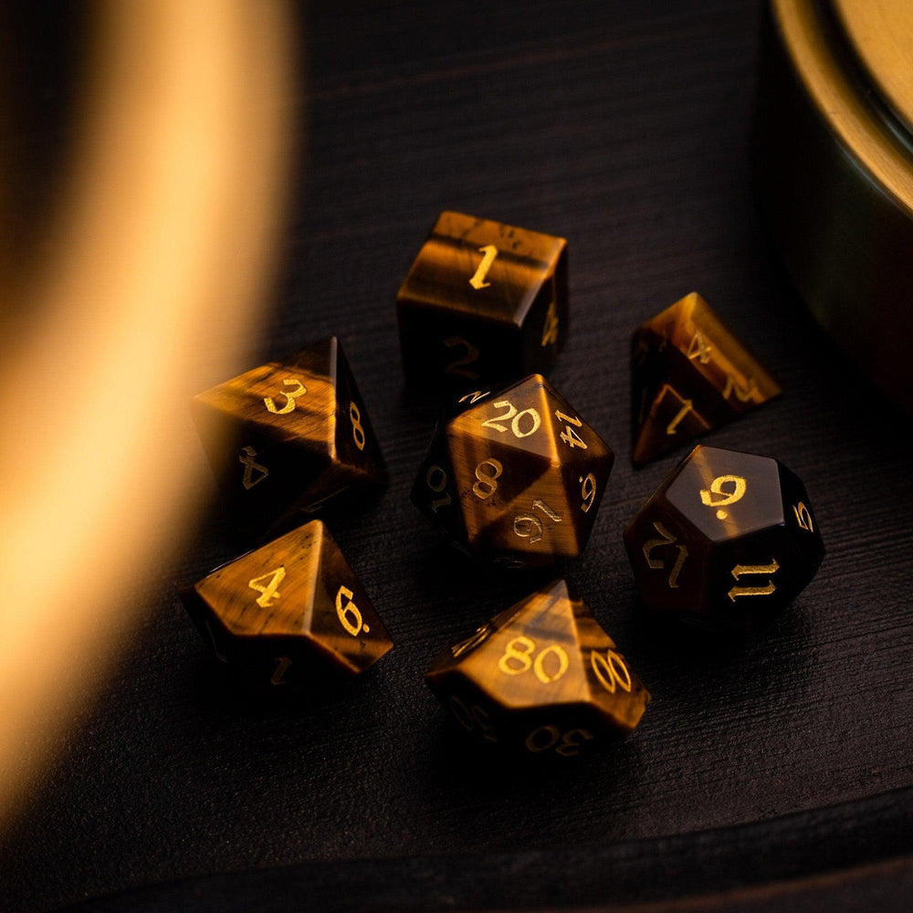 Yellow Tigers Eye Gemstone DND Dice Set (ONLINE ORDER ONLY)