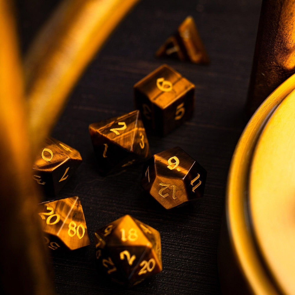 Yellow Tigers Eye Gemstone DND Dice Set (ONLINE ORDER ONLY)