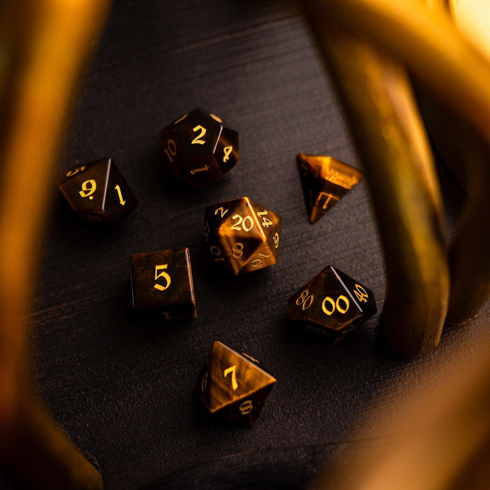 Yellow Tigers Eye Gemstone DND Dice Set (ONLINE ORDER ONLY)