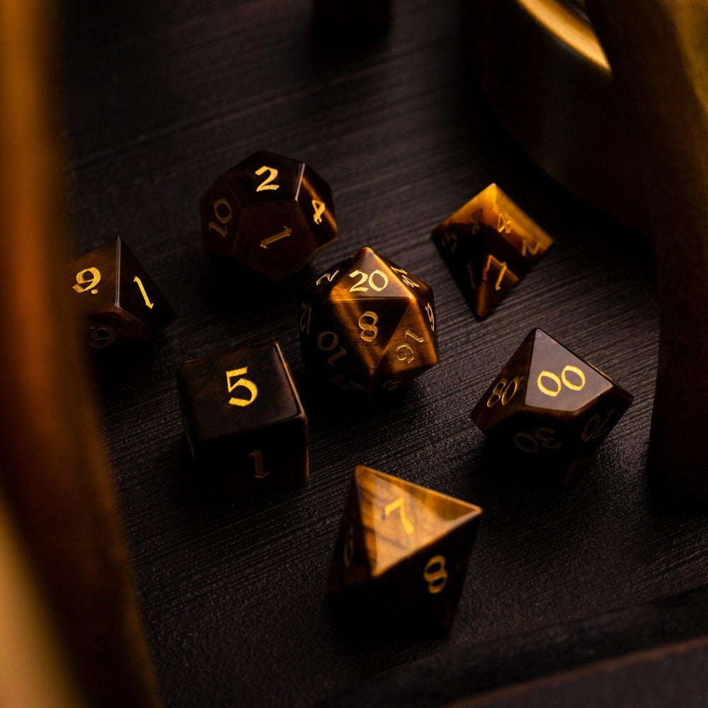 Yellow Tigers Eye Gemstone DND Dice Set (ONLINE ORDER ONLY)