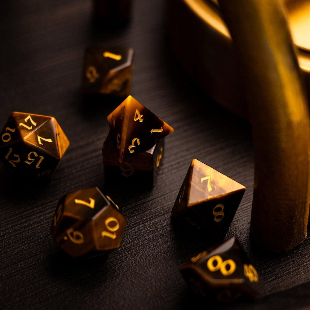 Yellow Tigers Eye Gemstone DND Dice Set (ONLINE ORDER ONLY)