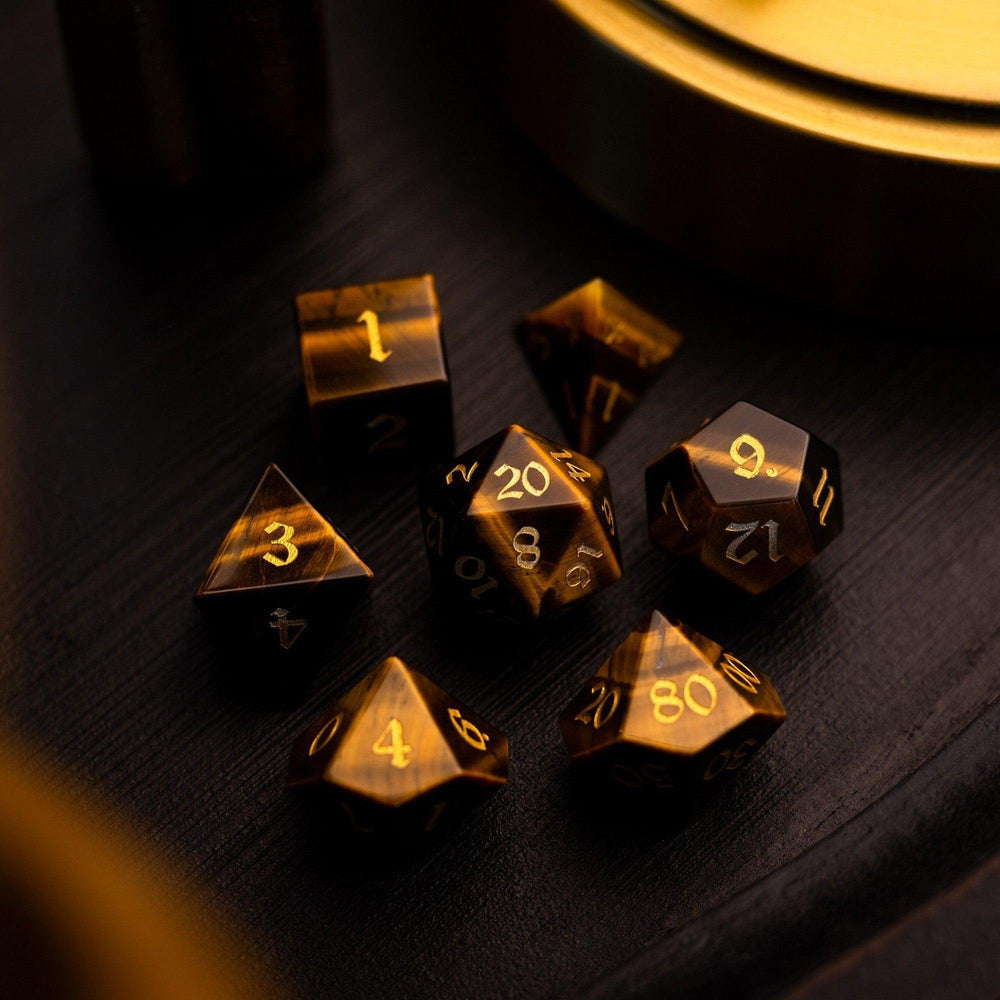Yellow Tigers Eye Gemstone DND Dice Set (ONLINE ORDER ONLY)