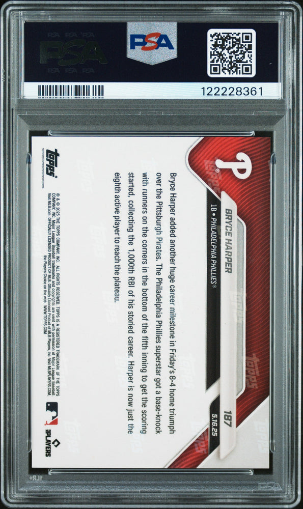 Graded 2025 Topps Now Bryce Harper #187 Black Foil /10 Baseball Card PSA 10 Gem Mint (ONLINE ORDER ONLY)