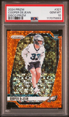 Graded 2024 Panini Prizm Cooper DeJean #321 Disco Prizm Rookie RC Football Card PSA 10 Gem Mint (ONLINE ORDER ONLY)